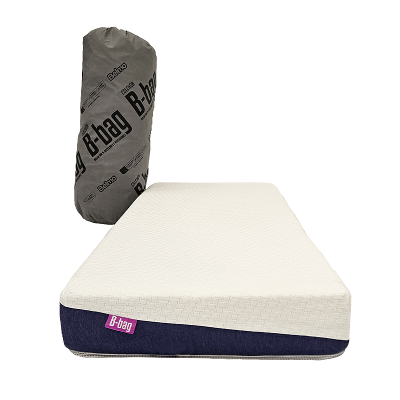 Colchón Belmo B-Bag 1?Plaza 190x80 enrollado, espuma alta densidad, tapizado en tejido de punto, fácil transporte y armado