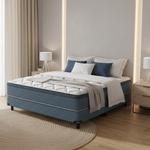 Colchón y Sommier Pocket, 1 Plaza 200x100, compuesto de Resortes Pocket combinado con mantas interiores de Alta Densidad y Espuma Perimetral.